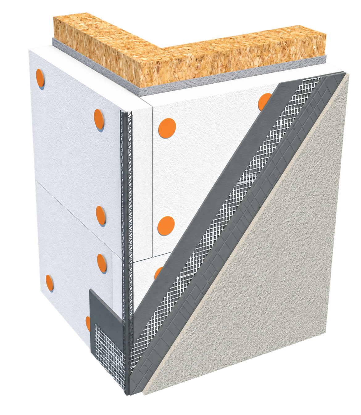 Coupe en 3D d’un mur avec isolation thermique par l’extérieur